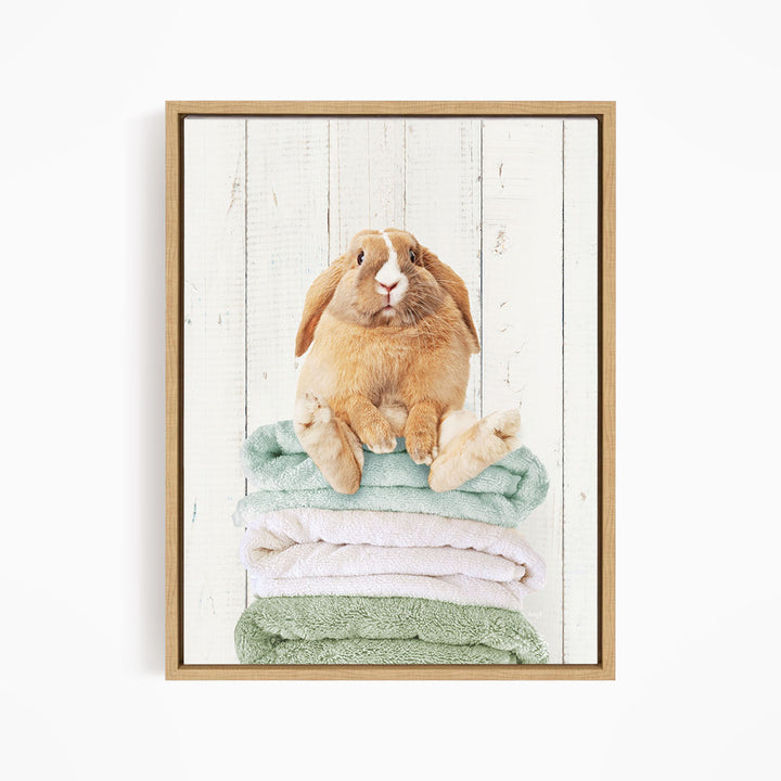 A brown rabbit sitting on a stack of green and white towels against a white wooden background.
