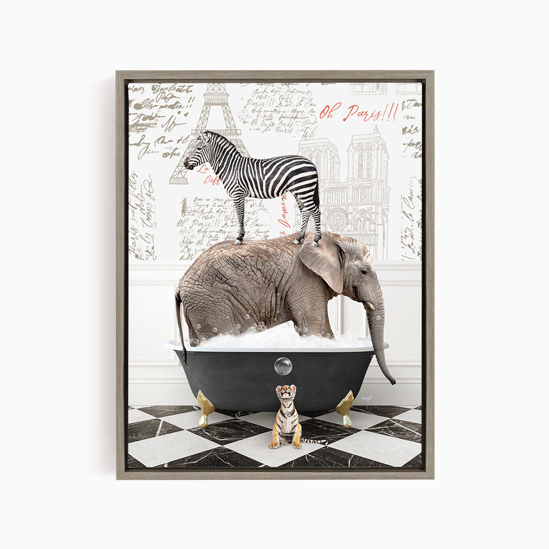 A zebra stands on the back of an elephant, which is submerged in a bathtub, with a tiger sitting nearby.