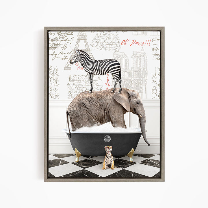 A zebra stands on the back of an elephant, which is submerged in a bathtub, with a tiger sitting nearby.