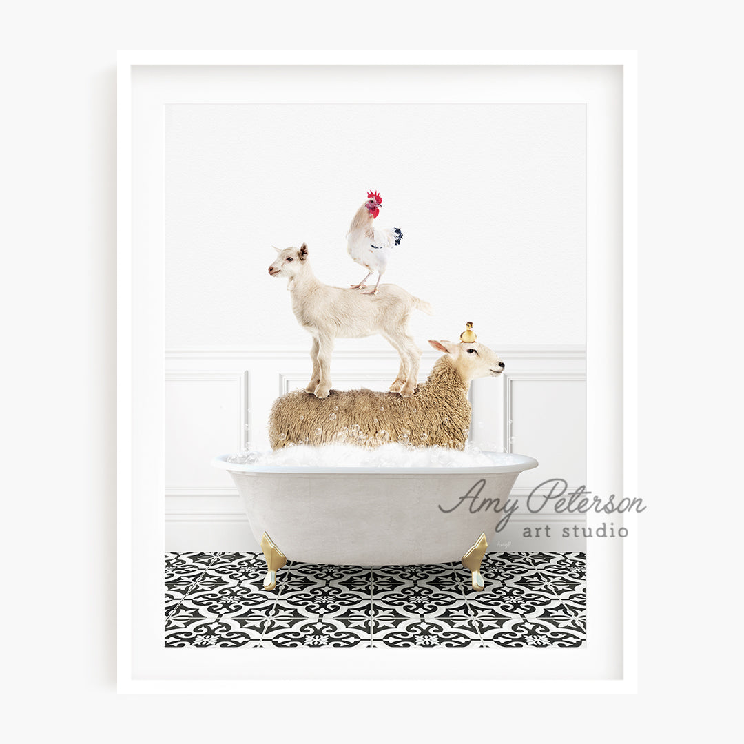 a picture of a person riding a goat on top of a bathtub