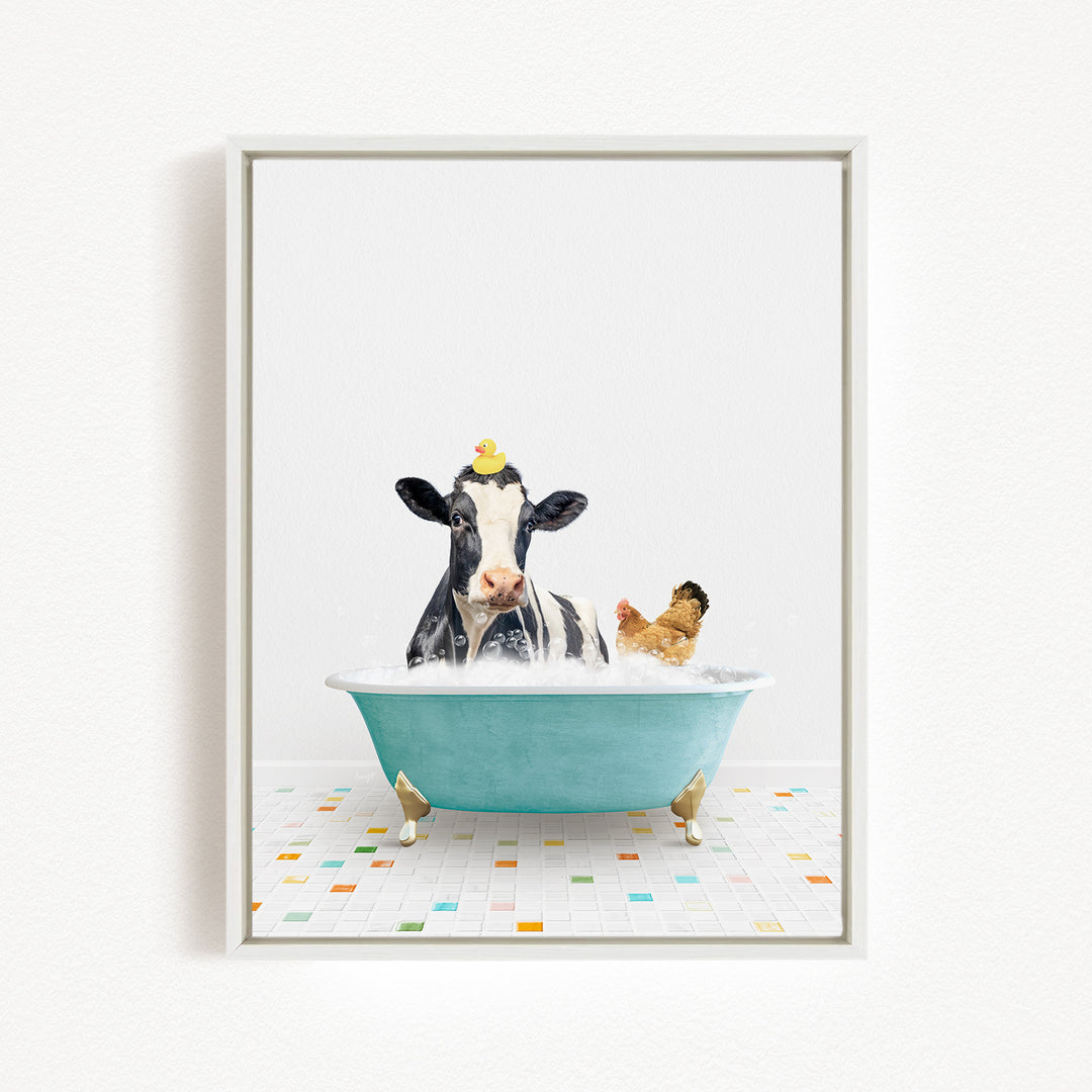 A cow is sitting in a bathtub filled with bubbles, with a chicken standing nearby.