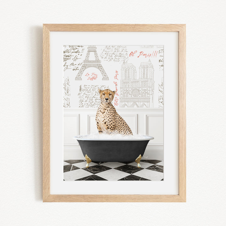 A cheetah sitting in a bathtub, surrounded by a Paris-themed background with the Eiffel Tower and other landmarks.