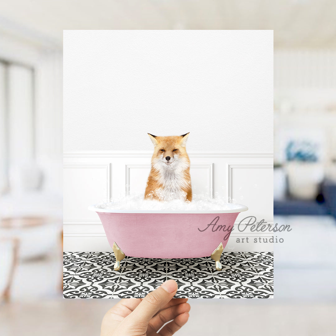 a person holding up a card with a picture of a dog in a bathtub