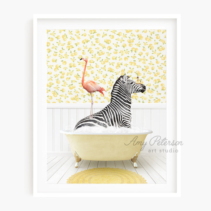 a picture of a zebra and a flamingo in a bathtub