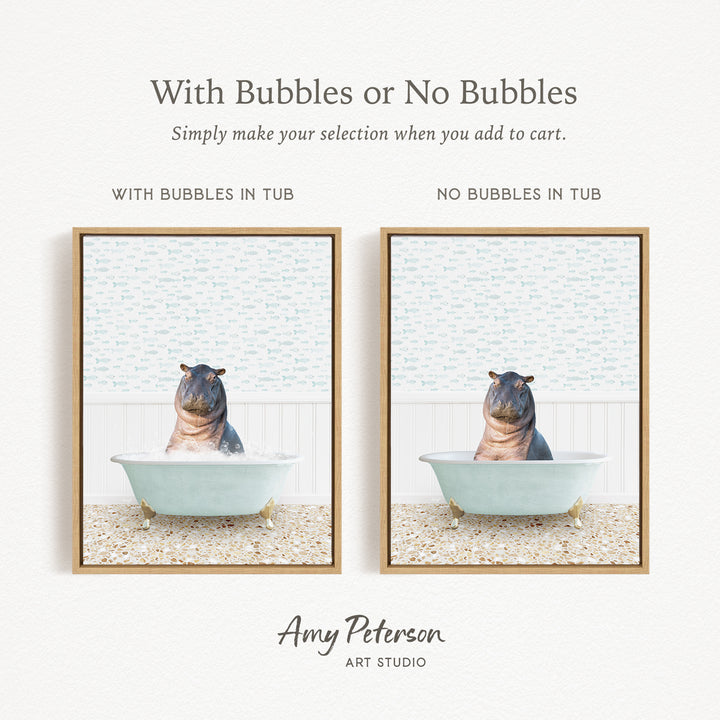 The image is a collage of two framed pictures, each depicting a hippopotamus in a bathtub. The text above the images reads "With Bubbles or No Bubbles" and below the images, it says "Simply make your selection when you add to cart."