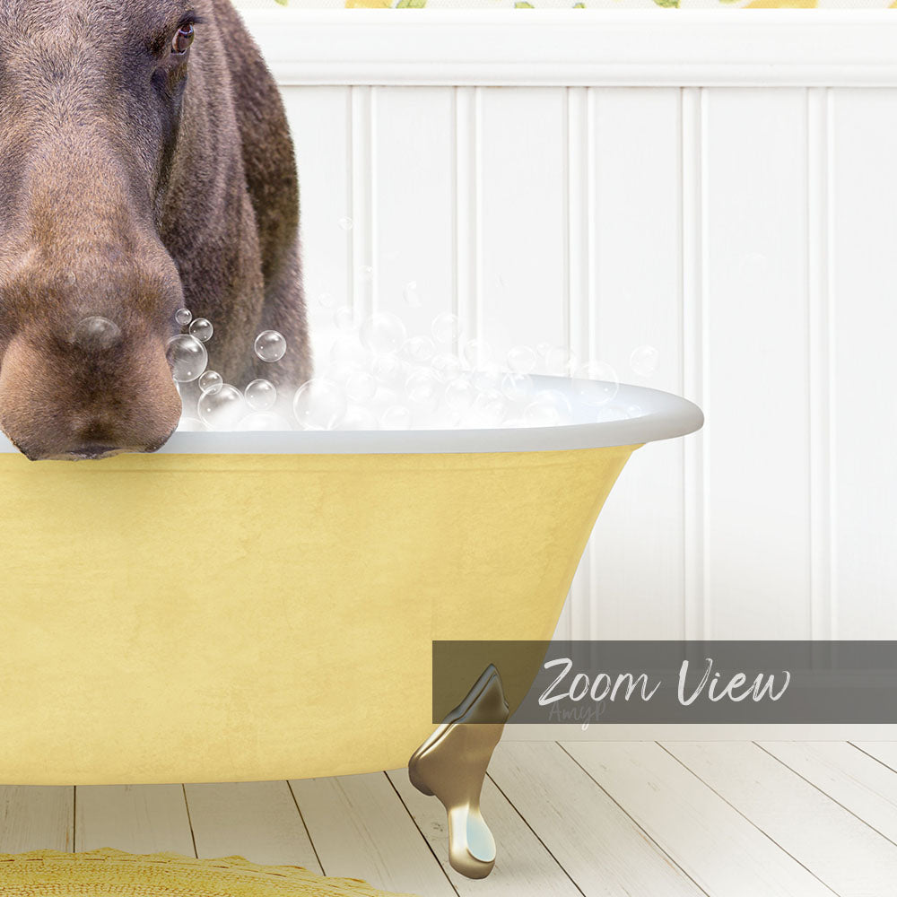 A close-up of a dog's face peeking out of a yellow bathtub filled with bubbles, with a white wooden wall in the background.