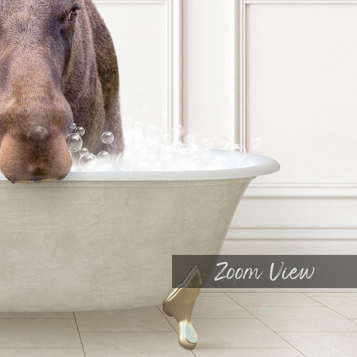 A close-up of a dog's face peeking over the edge of a bathtub filled with bubbles, with the word "Zoom View" displayed below.