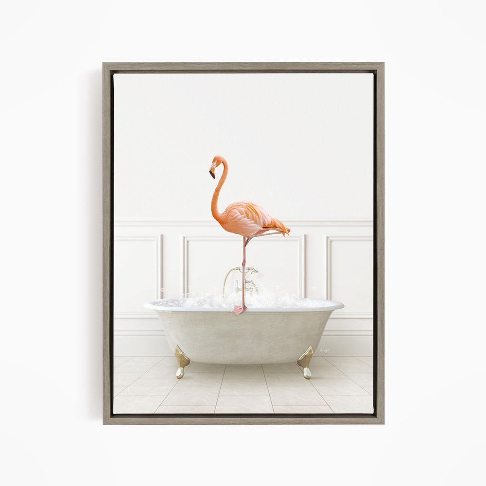 A flamingo standing on the edge of a white bathtub filled with water, creating a whimsical and surreal scene.