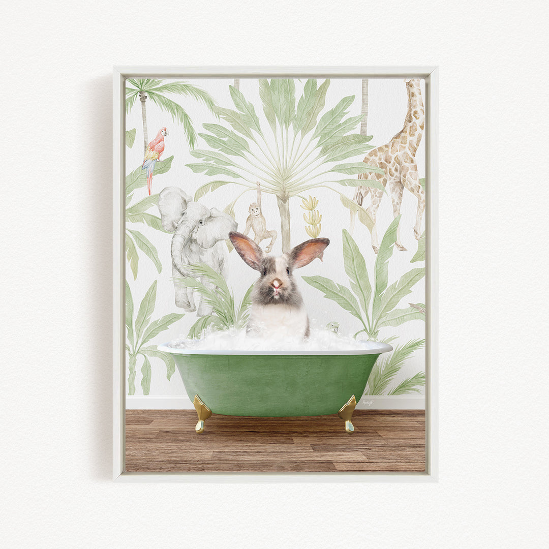 A rabbit sitting in a green bathtub filled with water, surrounded by various animals and plants, including a giraffe and palm trees, against a white background.