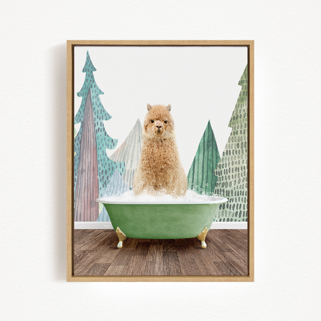 A fluffy brown dog sitting in a green bathtub, surrounded by a forest-themed background with trees and snow.