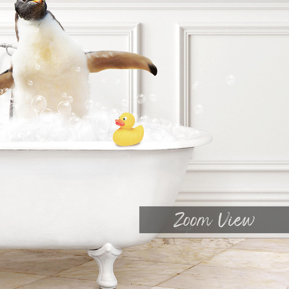 A white bathtub filled with bubbles, with a yellow rubber duck floating in the water.