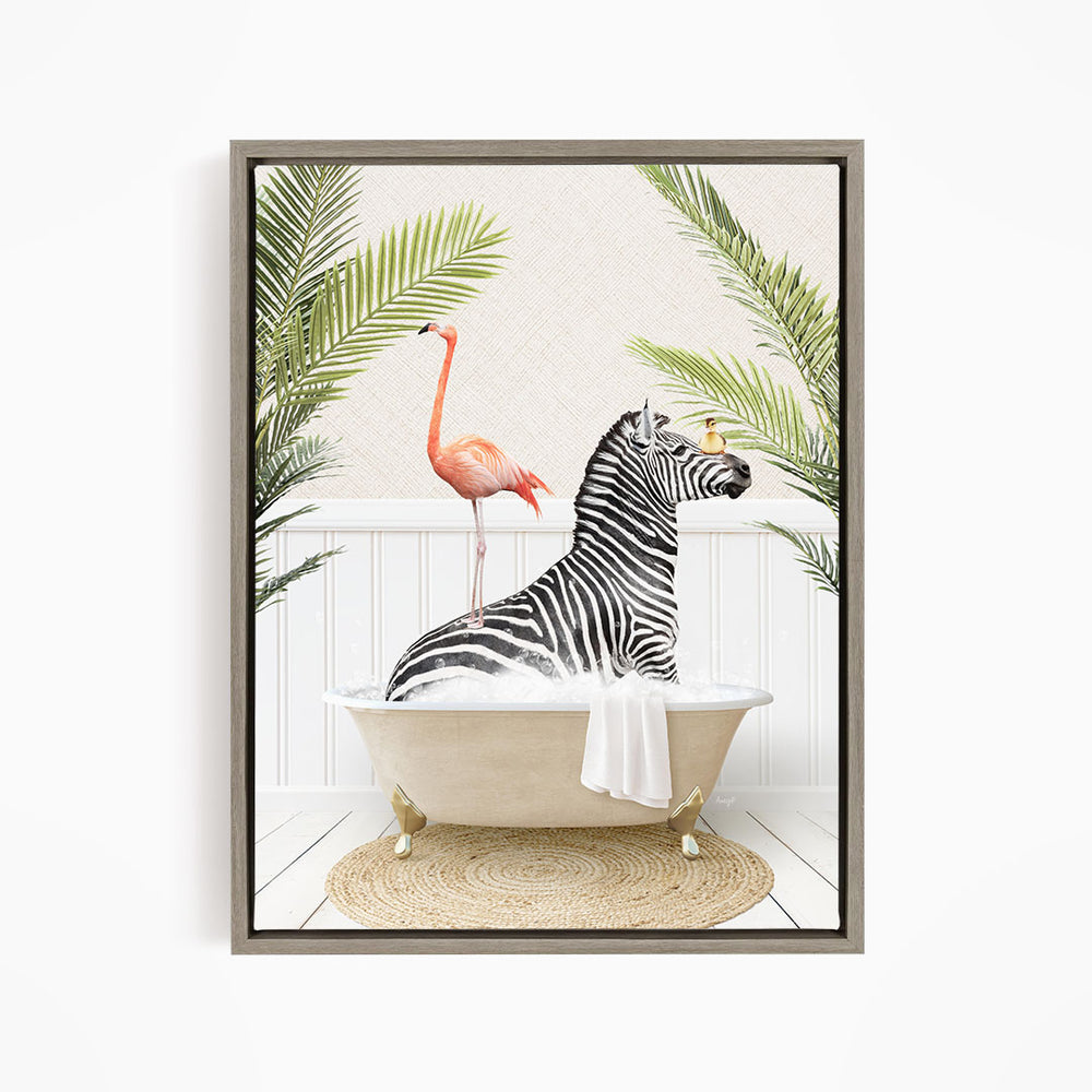 A zebra is sitting in a bathtub, surrounded by a pink flamingo and green palm leaves, creating a whimsical and playful scene.