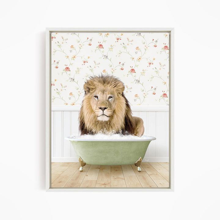 A lion is sitting in a green bathtub filled with water, surrounded by a floral wallpaper.
