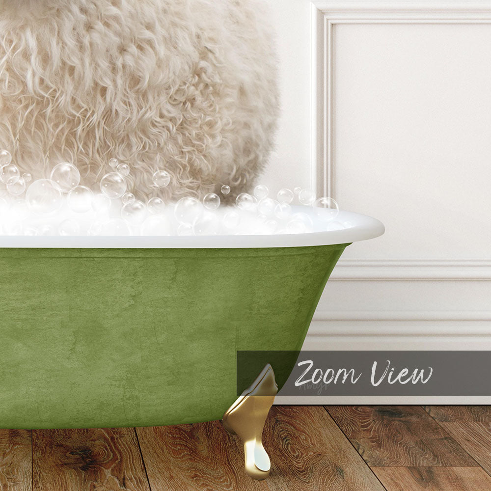 A fluffy white dog is sitting in a green bathtub filled with bubbles, with a white wall and wooden floor in the background.