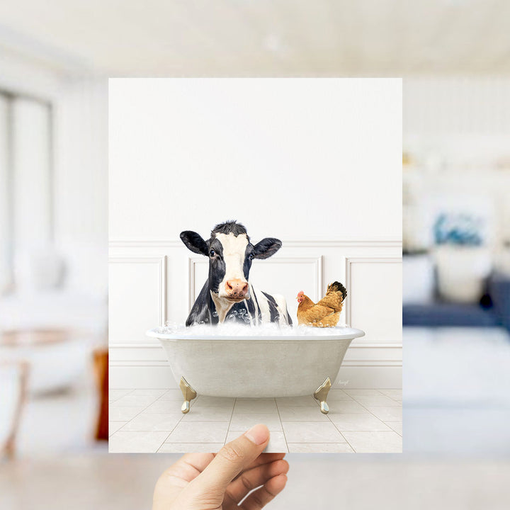 A cow and a chicken are sitting in a bathtub filled with water, creating a whimsical and humorous scene.