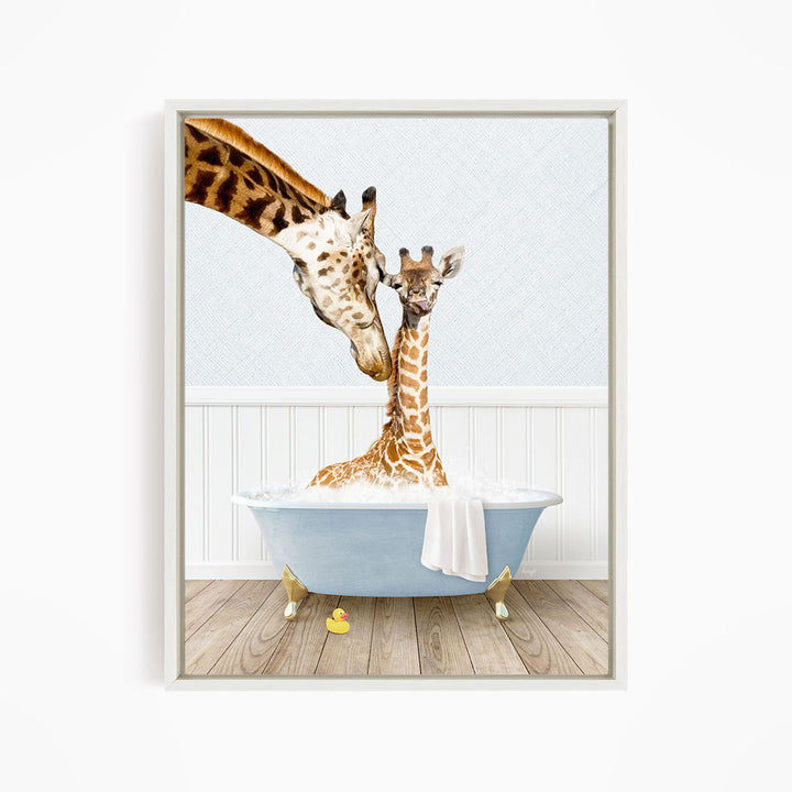 A mother giraffe and her baby giraffe are enjoying a relaxing bath together in a blue bathtub, with a yellow rubber duck floating nearby.