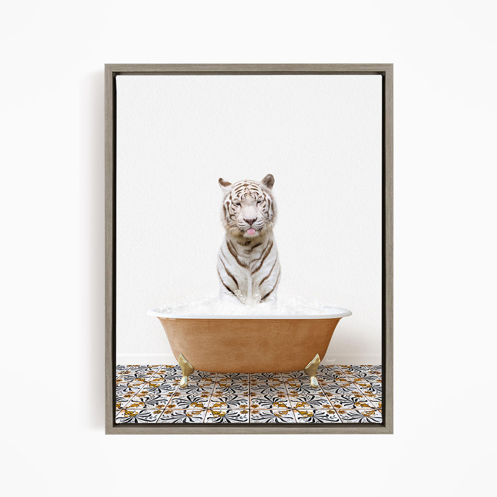 A white tiger sitting in a bathtub filled with water, surrounded by a patterned tile floor.