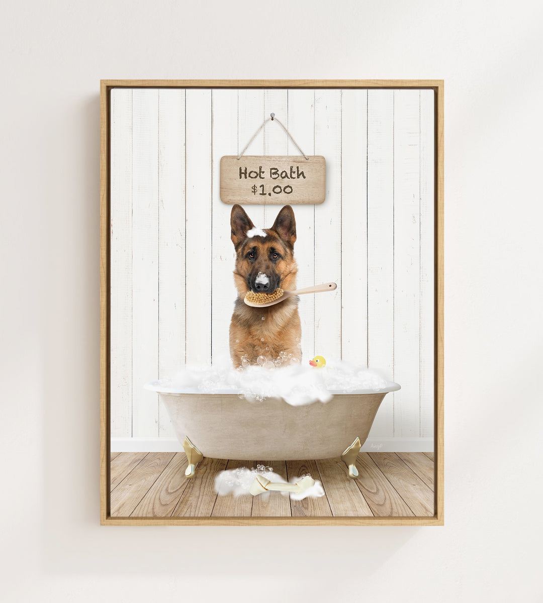 A German Shepherd dog sitting in a bathtub filled with bubbles, with a sign above the tub that reads "Hot Bath $1.00".