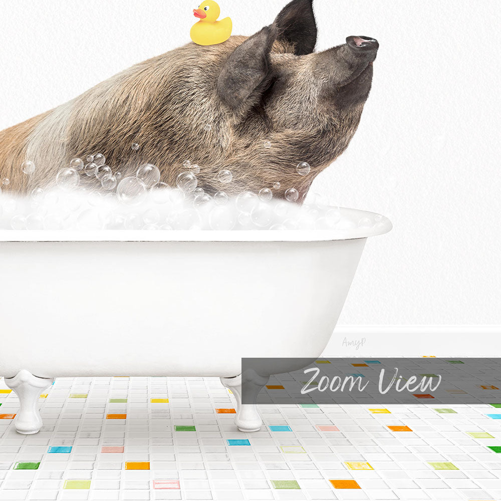 A pig sitting in a white bathtub filled with bubbles, with a yellow rubber duck floating on its head.