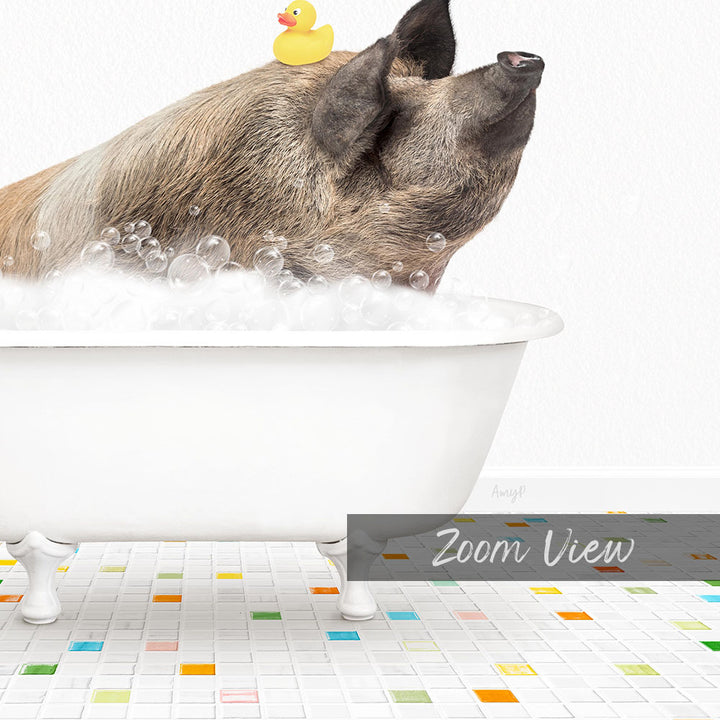 A pig sitting in a white bathtub filled with bubbles, with a yellow rubber duck floating on its head.