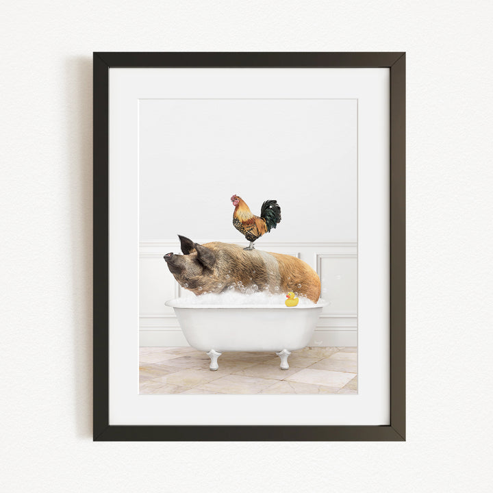A rooster stands on a pig's back while the pig is sitting in a bathtub filled with water, creating a whimsical and humorous scene.