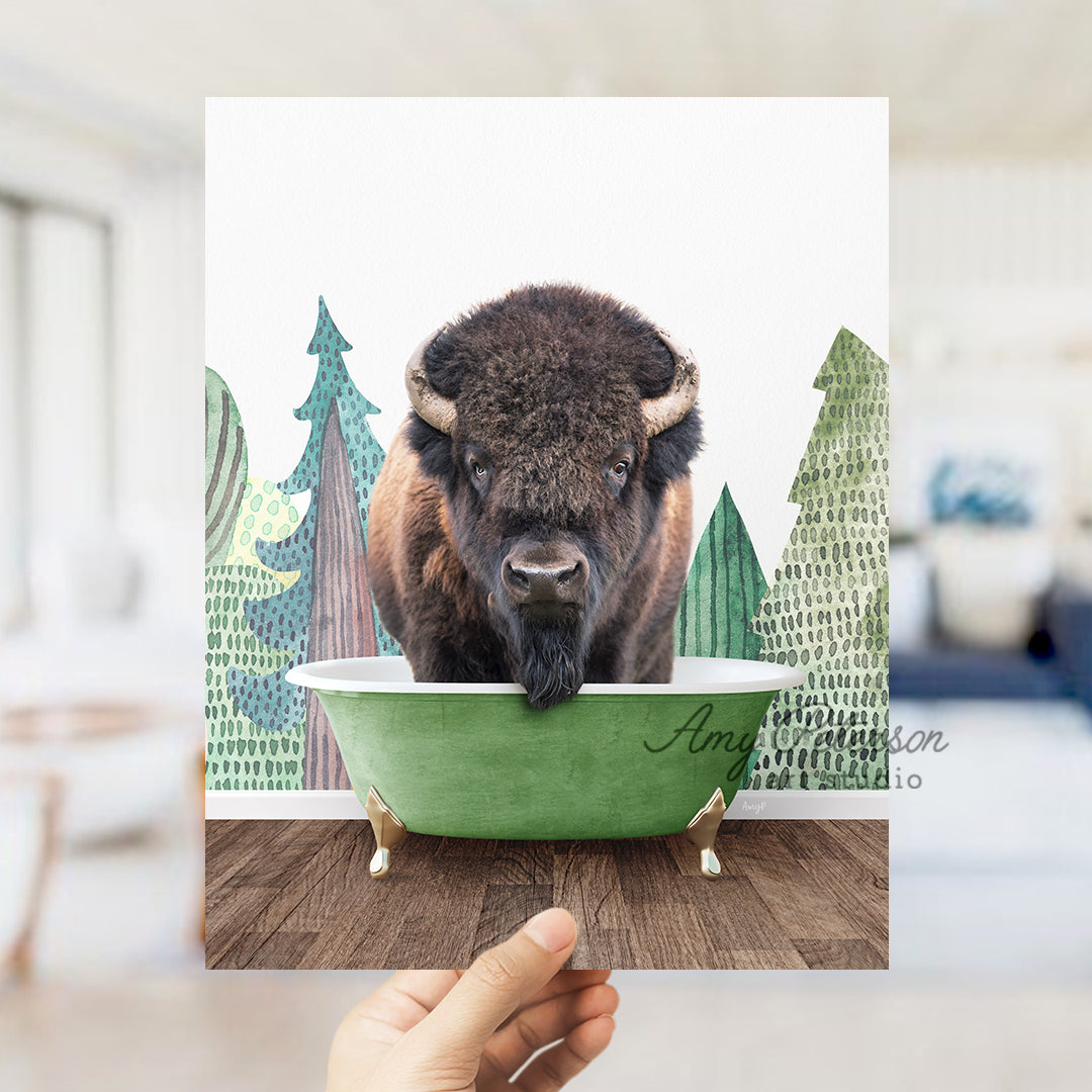 a bison is taking a bath in a green tub