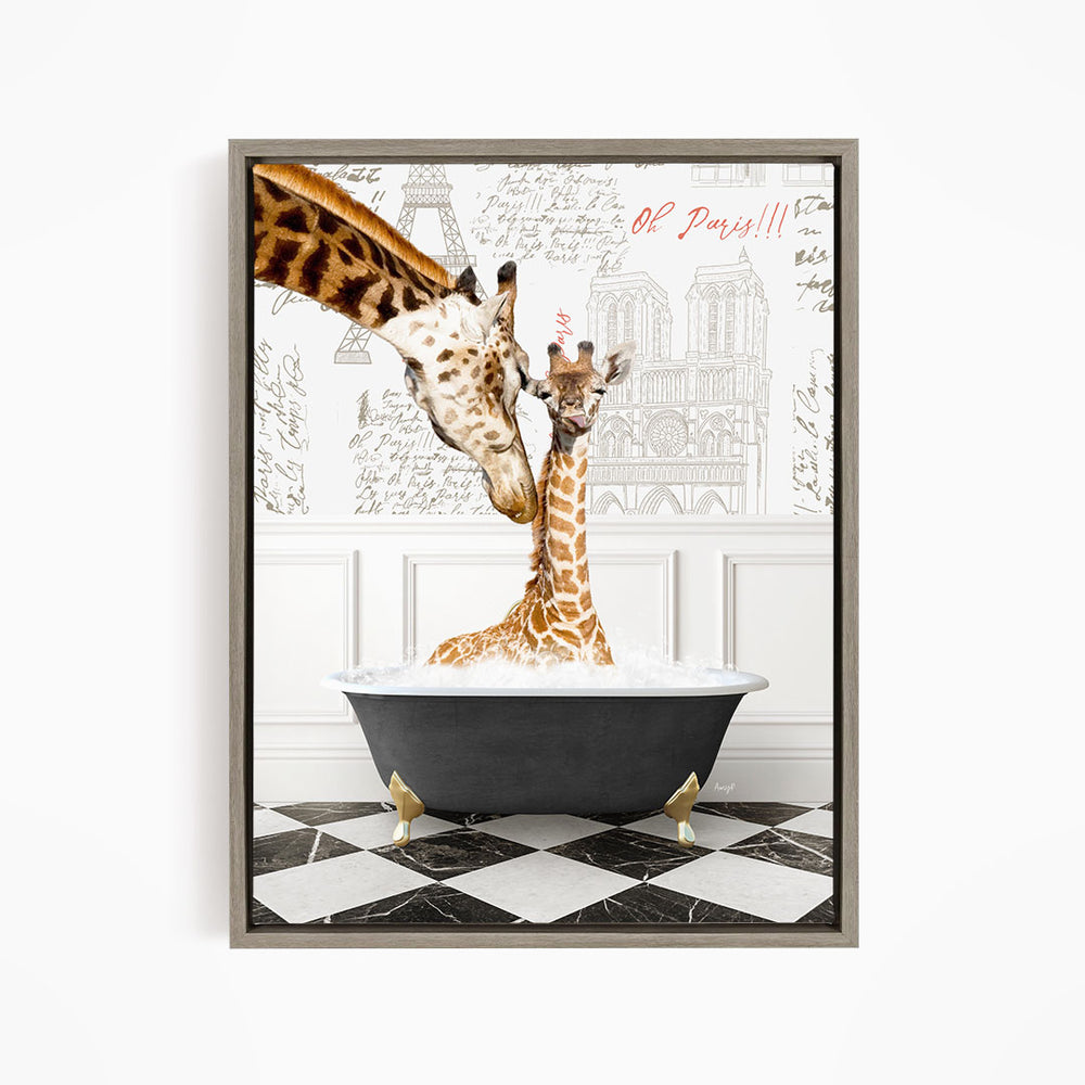 A framed image depicting two giraffes sitting in a bathtub, with one giraffe appearing to be bathing the other.