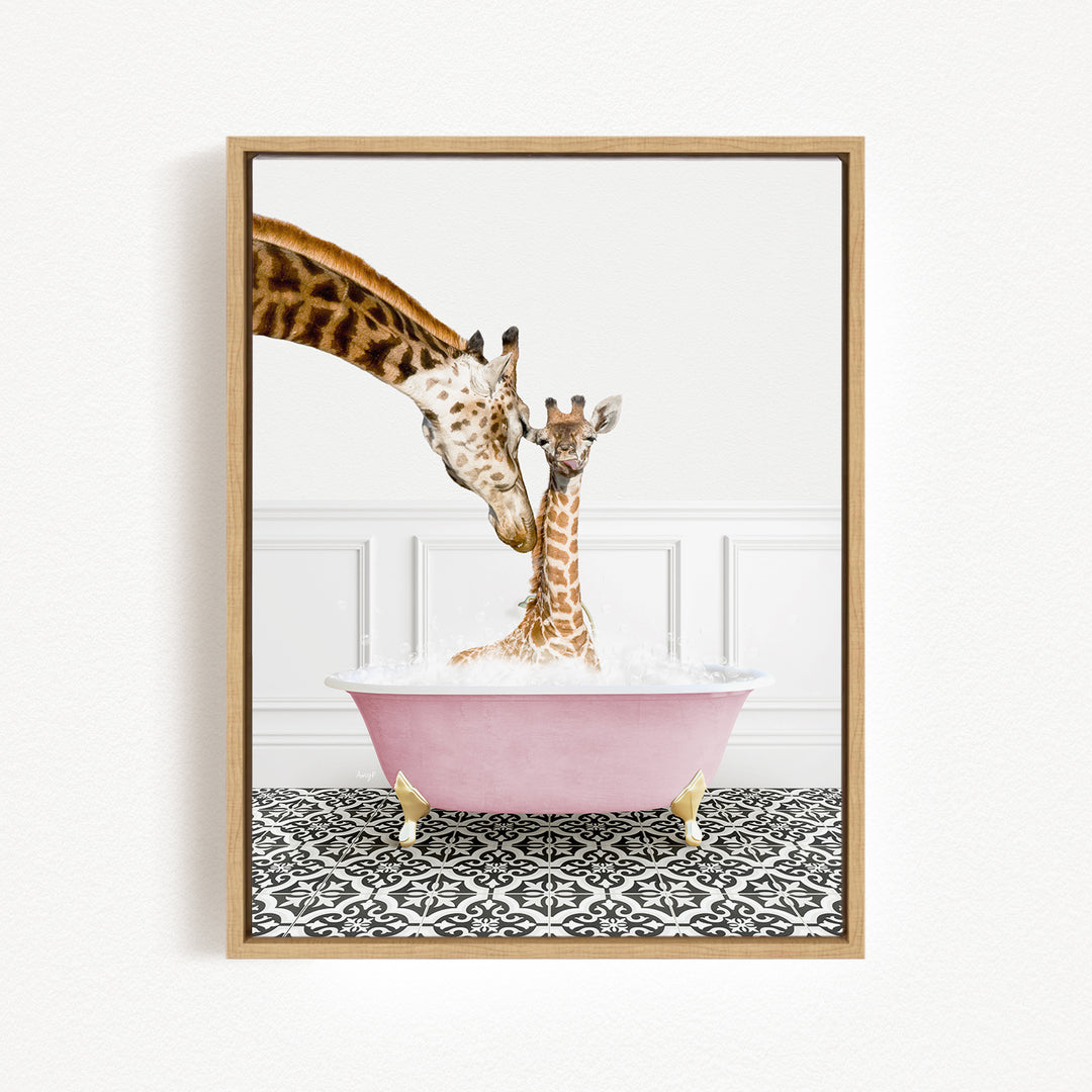 A mother giraffe and her baby giraffe are enjoying a relaxing bath in a pink bathtub, with the mother gently nuzzling her baby.
