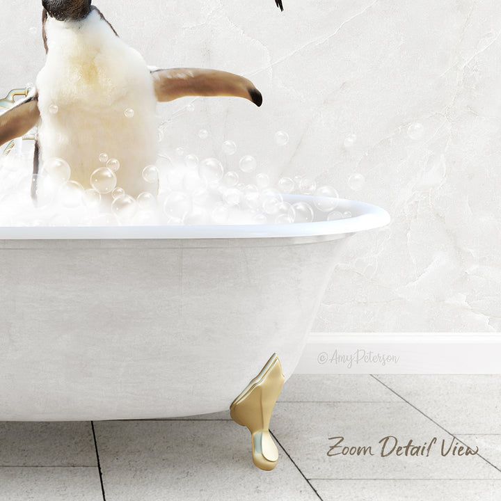 A penguin standing in a white bathtub filled with bubbles, enjoying a relaxing bath.