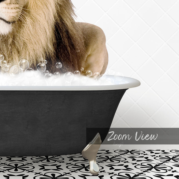 A lion is sitting in a bathtub filled with bubbles, creating a whimsical and playful scene.