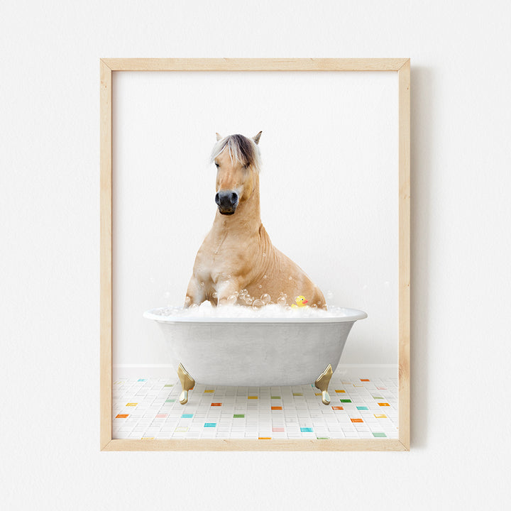 a horse sitting in a bathtub with bubbles in it