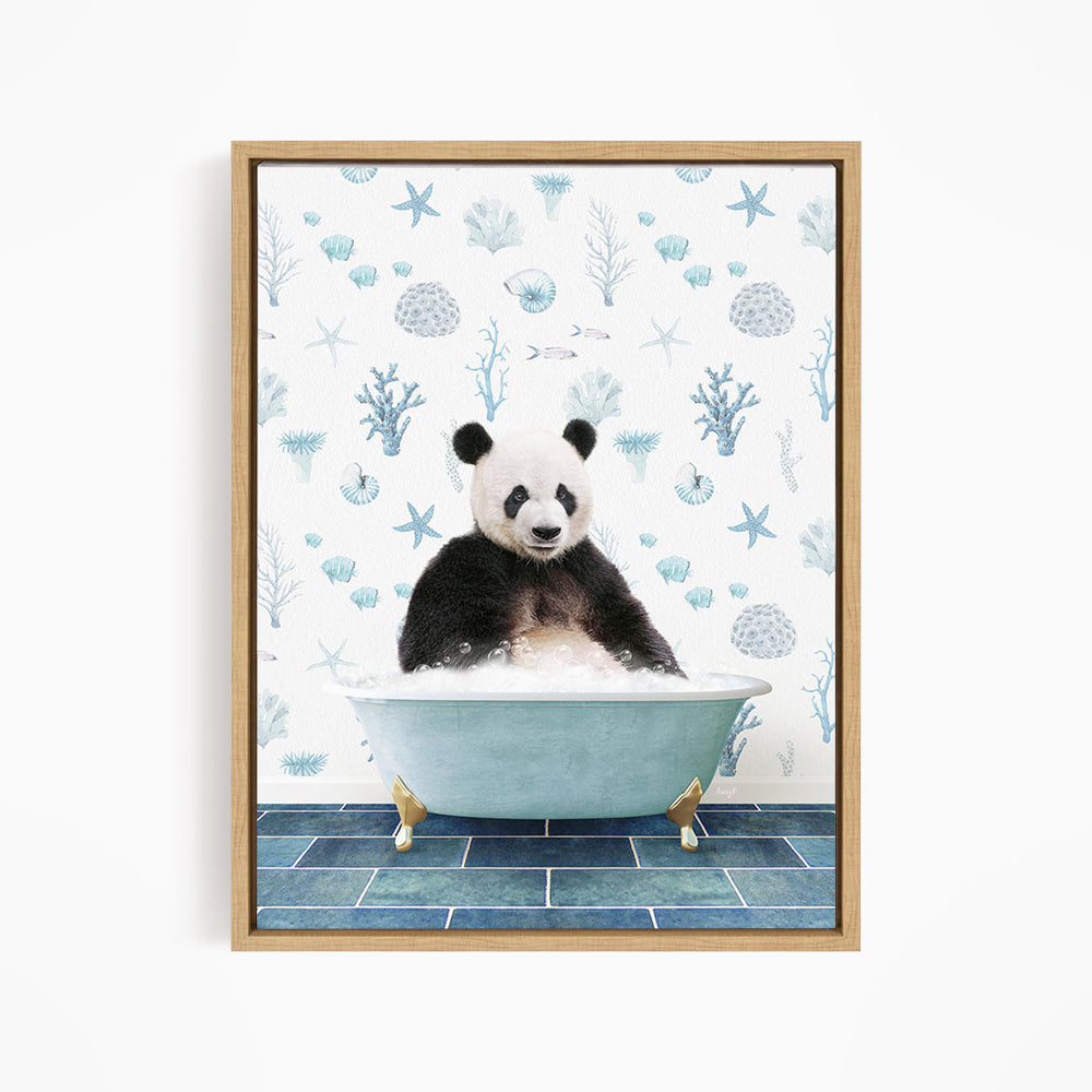 A panda bear sitting in a bathtub filled with bubbles, surrounded by a blue and white ocean-themed wallpaper.