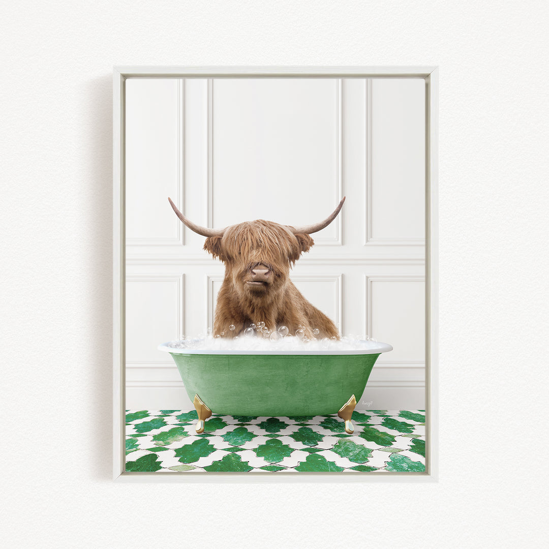 A Highland cow with long horns is sitting in a green bathtub filled with water, creating a whimsical and amusing scene.