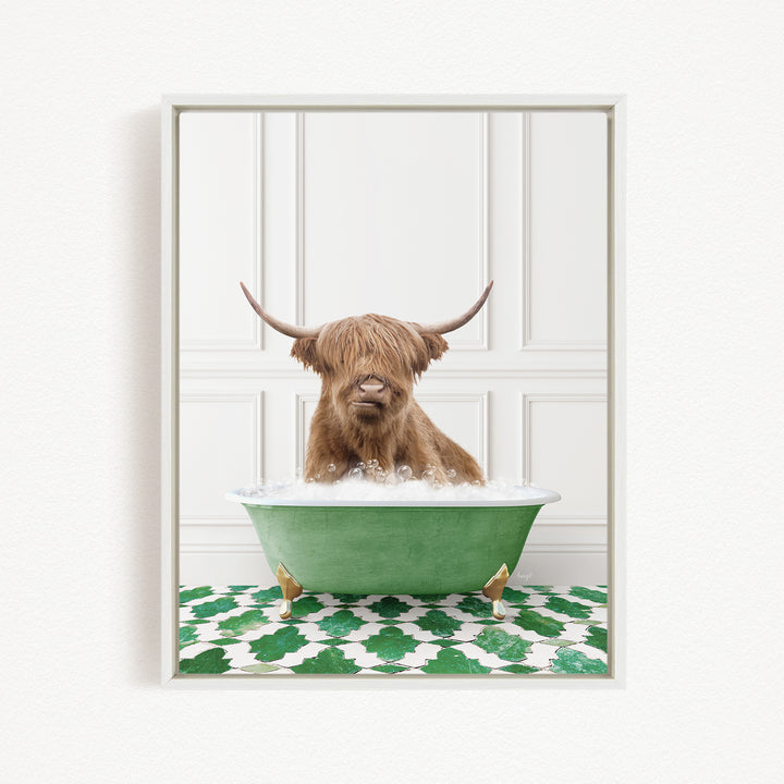 A Highland cow with long horns is sitting in a green bathtub filled with water, creating a whimsical and amusing scene.