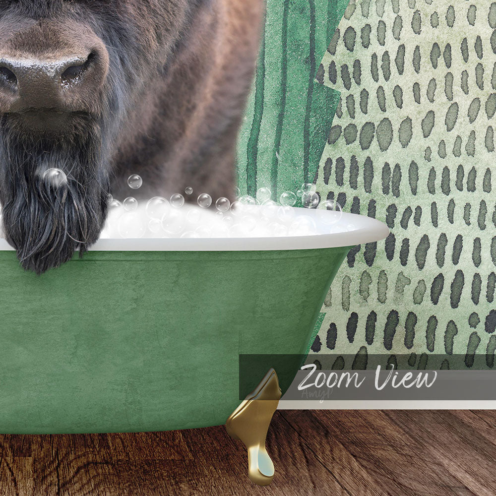 A close-up of a dog's face peeking out of a green bathtub filled with bubbles, with a patterned wall in the background.