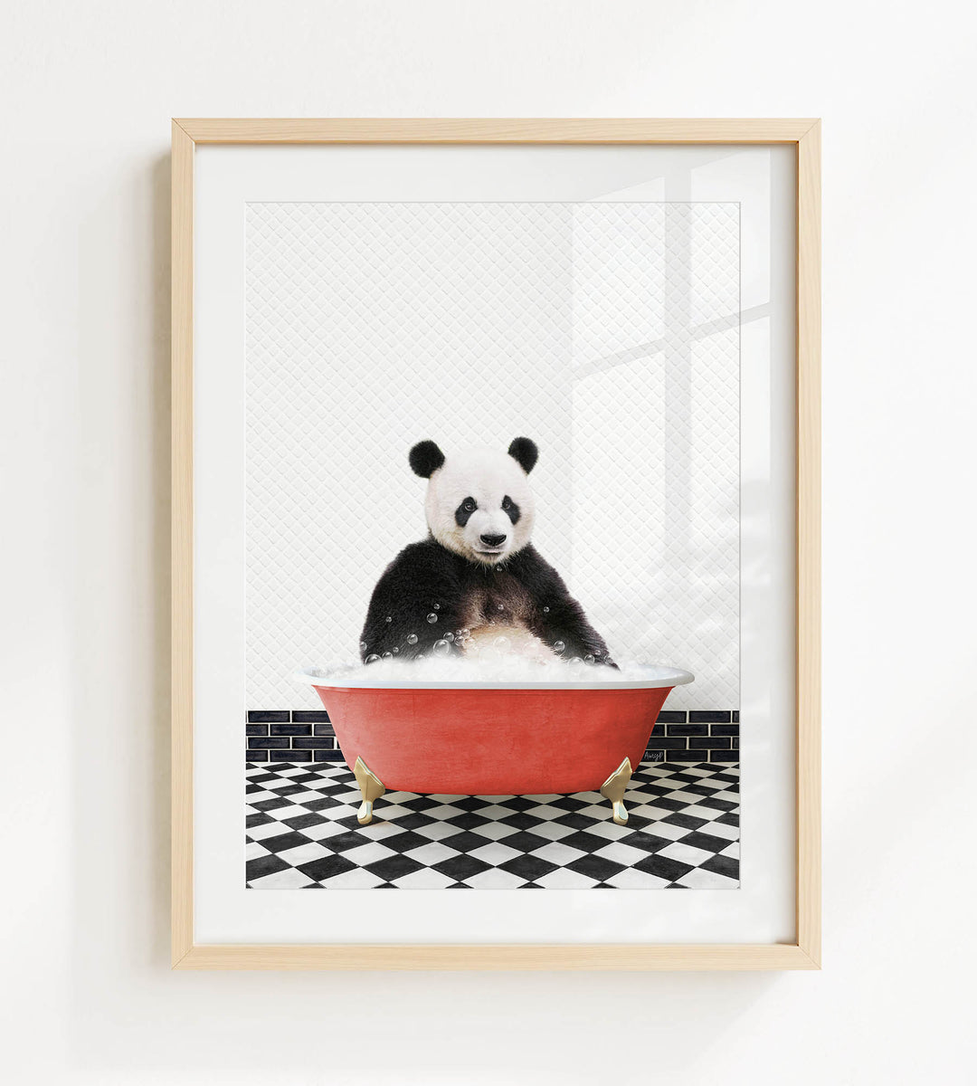A panda bear sitting in a red bathtub filled with bubbles, surrounded by a black and white checkered floor.