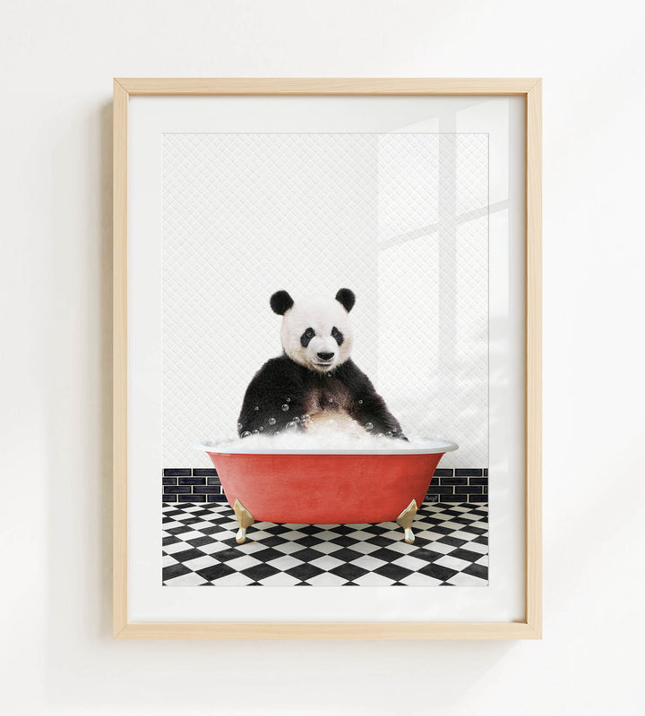 A panda bear sitting in a red bathtub filled with bubbles, surrounded by a black and white checkered floor.