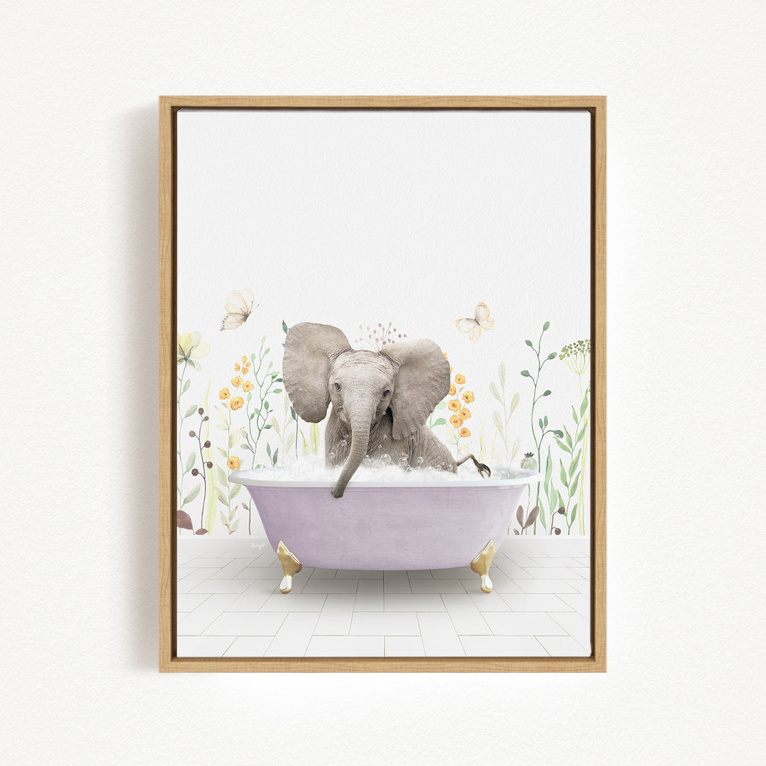 A gray elephant is sitting in a purple bathtub filled with water, surrounded by flowers and butterflies.