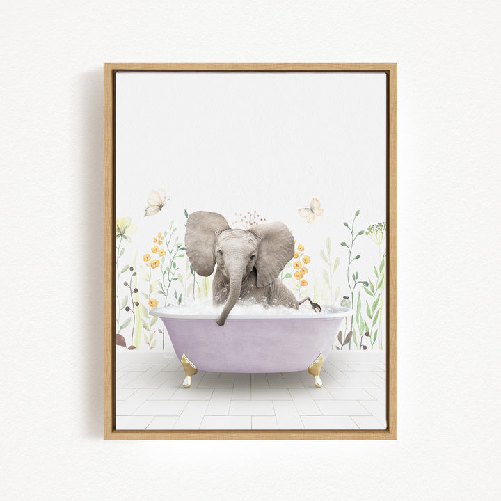 A gray elephant is sitting in a purple bathtub filled with water, surrounded by flowers and butterflies.