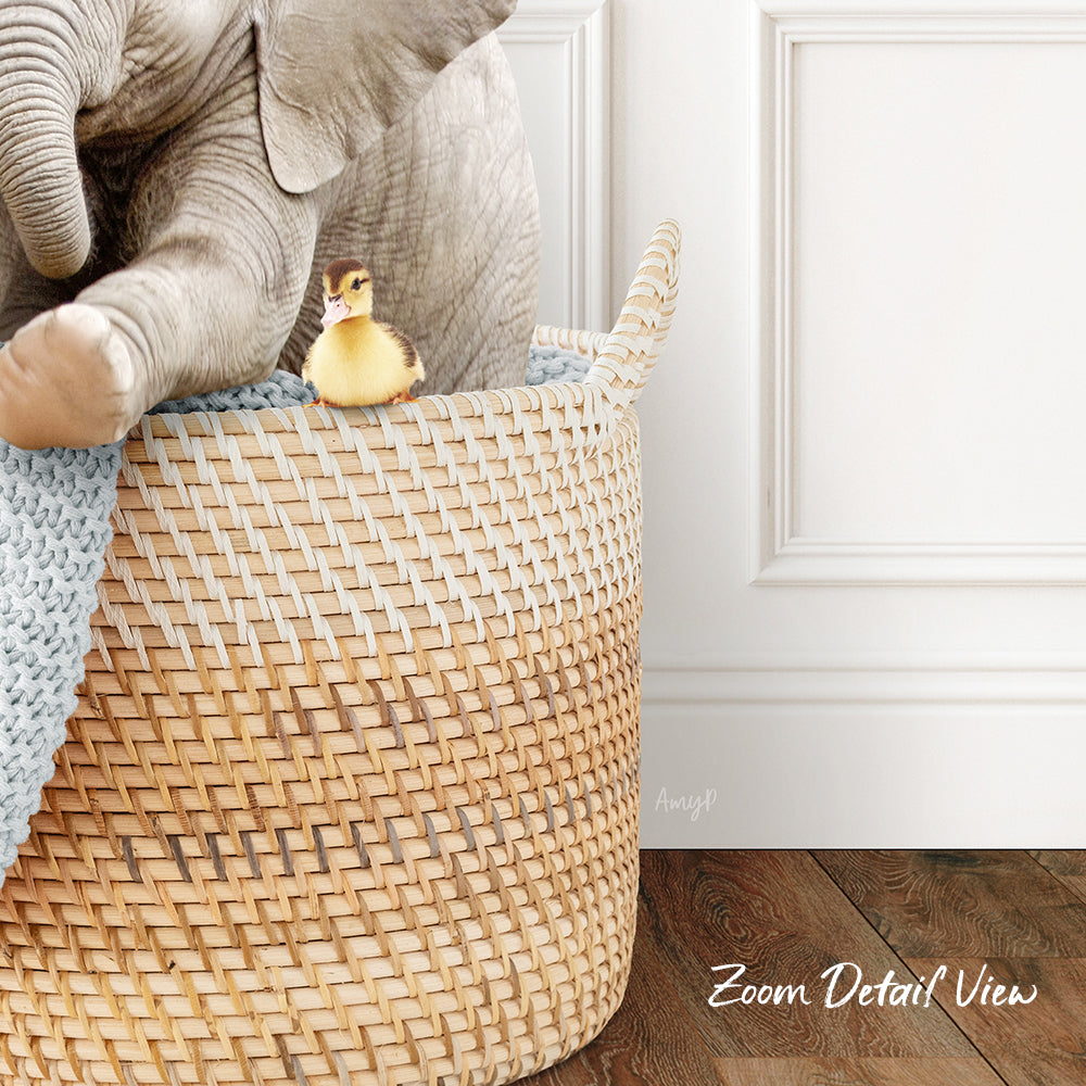 A small yellow duck sits in a woven basket, with a larger elephant trunk visible in the background.