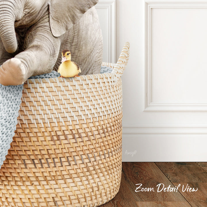 A small yellow duck sits in a woven basket, with a larger elephant trunk visible in the background.