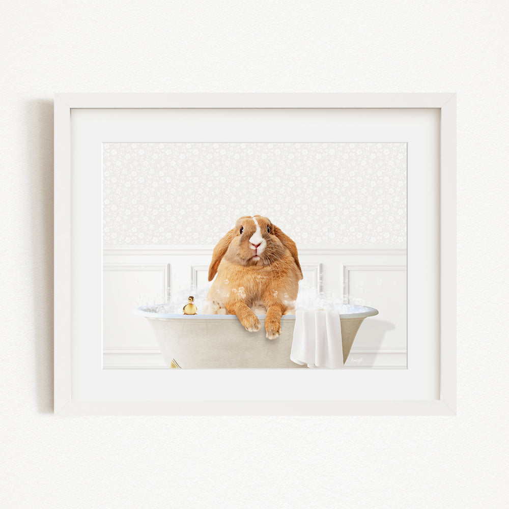 A brown rabbit sitting in a bathtub filled with water, surrounded by various bath products.