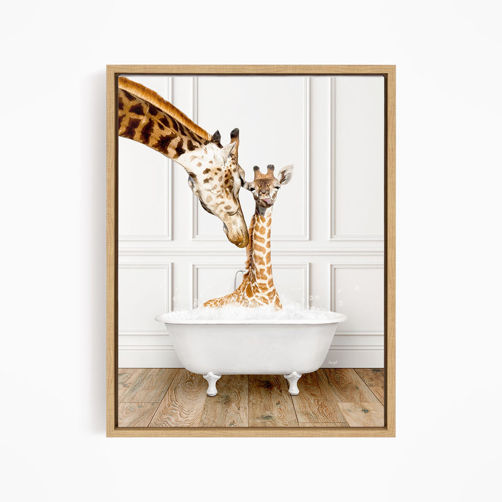 A mother giraffe and her baby giraffe enjoying a relaxing bath together in a white bathtub.