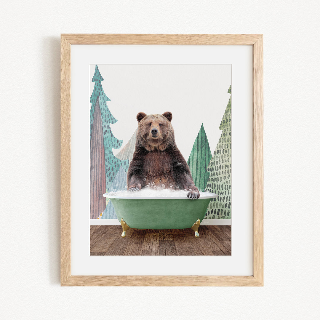 A brown bear sitting in a green bathtub, surrounded by trees and a forest-like background.