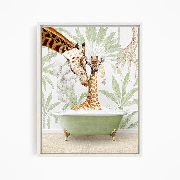 A giraffe and a baby giraffe are sitting in a green bathtub, surrounded by lush green foliage and palm trees, creating a whimsical and playful scene.