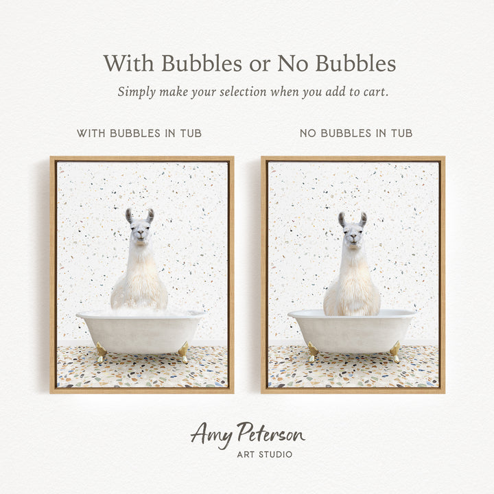 The image is a collage of two pictures featuring a white llama sitting in a bathtub. The text above the images reads "With Bubbles or No Bubbles" and below the images, it says "Simply make your selection when you add to cart."