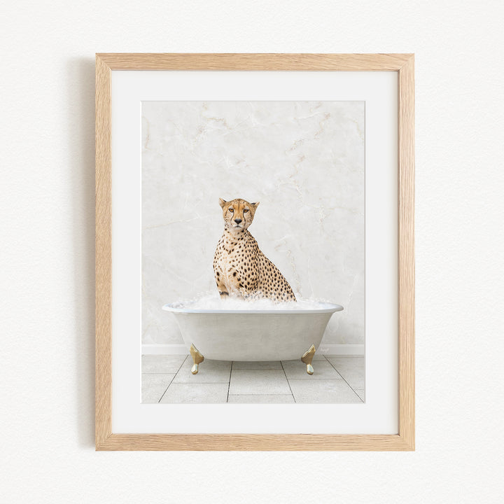 A cheetah sitting in a white bathtub filled with water, creating a playful and whimsical scene.