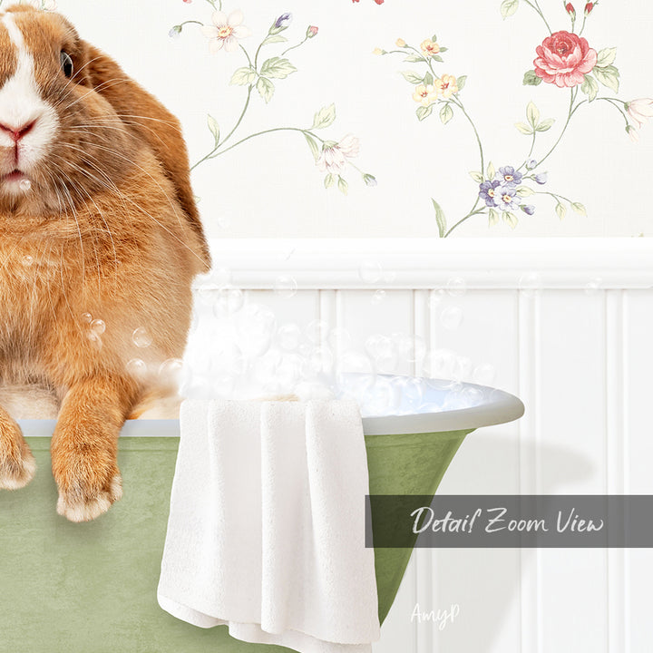 A brown rabbit sitting in a green bathtub filled with bubbles, with a floral wallpaper in the background.