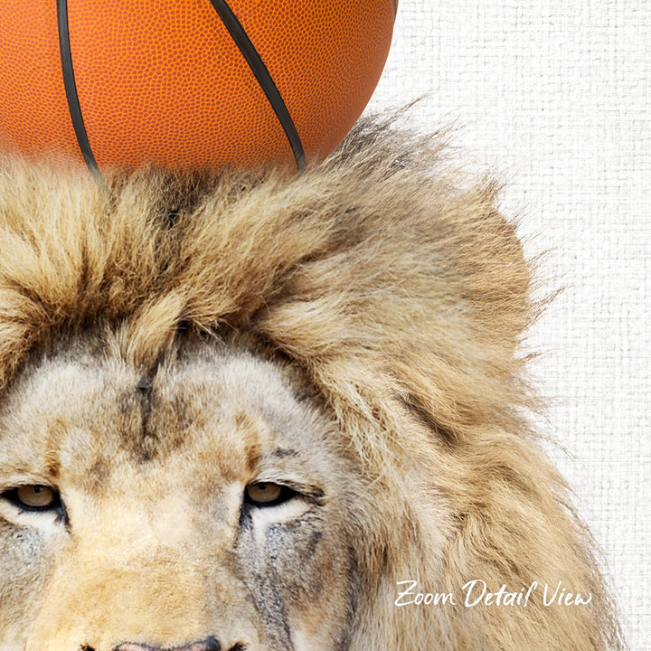 A close-up of a lion's head with a basketball resting on top of it.