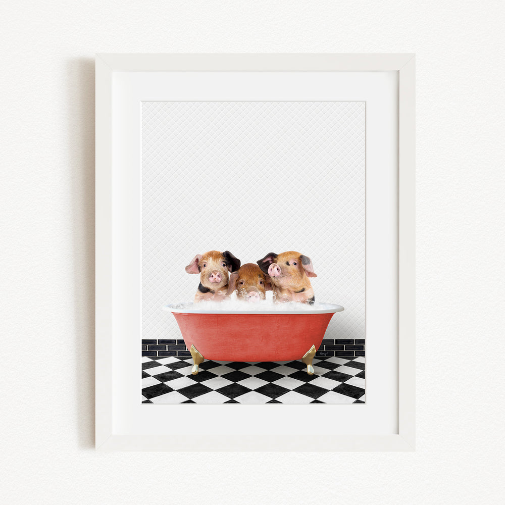 Three adorable pigs sitting in a red bathtub, enjoying a relaxing bath together.